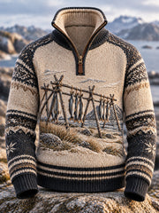 Rétro Nordic Coastal Culture Fish Art Zip-Up Sweatshirt