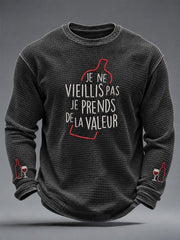 T-shirt à manches longues en waffle pour homme «JE NE VIEILLIS PAS, JE PRENDS DE LA VALEUR»