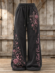 Femme Faith Over Fear Gothic Cross & Rose Ruban Roses Imprimé floral Pantalon de survêtement à jambe large