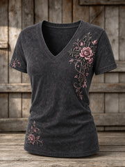T-shirt Femme Rose Ruban Gothique Floral Imprimé Croix À Manches Courtes