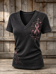 T-shirt à manches courtes pour femme, imprimé gothique floral avec ruban rose et croix