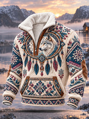 Sweat-shirt Homme Nordique Forêt Imprimé Animal Doublé Polaire Demi-Zip