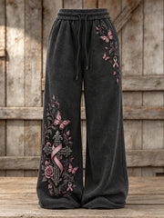 Femme Gothique Croix & Rose Ruban Papillons Roses Imprimé Floral Jambe Large Pantalon de Survêtement