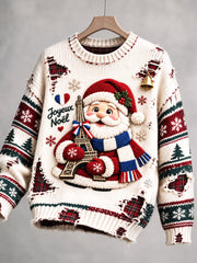 Pull Décontracté Femme Beige Français Imprimé Créatif sur le Thème de Noël