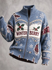 Blouson Décontracté Femme Imprimé Noël Français Bleu