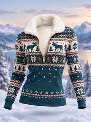 Pull décontracté en peluche à fermeture éclair pour femme, motif géométrique et imprimé orignal