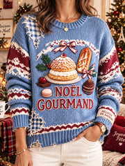 Pull Décontracté Femme Bleu Clair Imprimé Noël Français