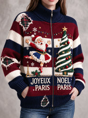 Veste à glissière décontractée à imprimé rayé pour femme, style français, inspiré de Noël