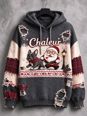 Sweat-shirt à capuche décontracté gris à imprimé patchwork de Noël français pour femmes