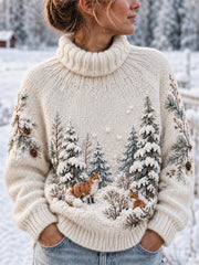 Femmes Vintage Foxes Snowy Forest Landscape Imprimer Cozy Pull à col roulé