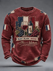 T-shirt à manches longues en maille gaufrée pour homme, imprimé Bleu Blanc Rouge