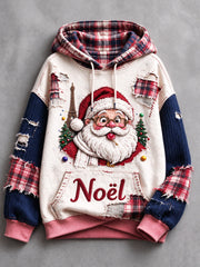 Français de Noël des femmes mignon à carreaux Patchwork Imprimer Sweat à capuche décontracté