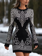 Ailes Viking rétro et noeud celtique Imprimer Casual robe de style pull col rond des femmes