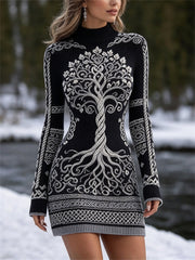 Robe pull à col montant pour femme, motif arbre de vie viking et nœud celtique