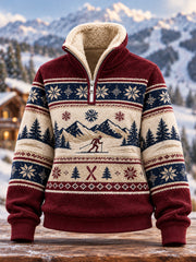 Pull décontracté en peluche à fermeture éclair pour les passionnées de ski, prêt pour la saison de ski