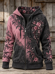Sweat à capuche zippé intégral pour femme, style gothique, avec imprimé floral de roses et rubans roses sur fond contrasté, orné d’une croix.