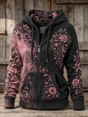 Sweat à capuche zippé intégral pour femme, style gothique, avec imprimé floral de roses et rubans roses sur fond contrasté, orné d’une croix.