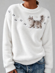 Sweat-shirt en flanelle douillet pour femme, motif «Chat Maine Coon dans la neige: empreintes de pattes et flocons»
