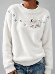Sweat-shirt en flanelle douillet pour femme, motif chien maltais dans la neige avec empreintes de pattes et flocons de neige