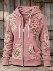Sweat à capuche décontracté zippé pour femme, motif rose et ruban de la solidarité rose