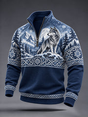 Sweat-shirt décontracté à demi-fermeture zippée pour homme, style viking rétro avec motif de loup