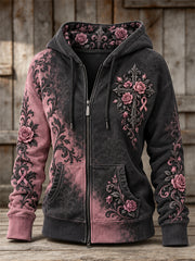 Femmes Gothique Croix Rose Ruban Roses Floral Contraste Couleur Imprimer Full Zip Hoodie