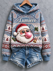 Sweat-shirt à capuche décontracté pour femme, imprimé ethnique avec Père Noël français, couleur bleu