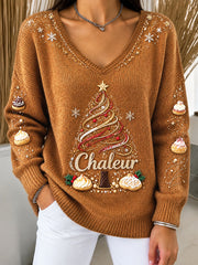 Pull décontracté à col en V pour femme, imprimé sapins de Noël français, couleur café