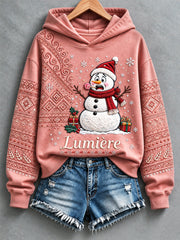 Sweat-shirt décontracté à capuche pour femme, imprimé bonhomme de neige de Noël français, couleur rose poudré