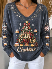 Pull décontracté à col en V pour femme, gris foncé, imprimé sapin de Noël français