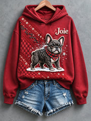 Sweat-shirt à capuche décontracté pour femme, rouge, motif français de Noël avec chiots