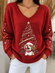 Pull décontracté à col en V pour femmes, motif Noël avec mignon chiot, France