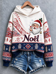 Sweat-shirt à capuche décontracté blanc pour femme, imprimé ethnique Père Noël français