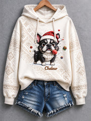 Sweat-shirt décontracté à capuche pour femme, blanc cassé, imprimé chiot de Noël français