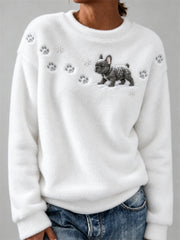 Femmes Bouledogue français dans la neige Empreintes de pattes et flocons de neige Imprimer confortable Flanelle Sweatshirt
