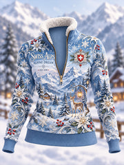 Sweatshirt à col montant doublé en molleton imprimé sur le thème alpin pour femme