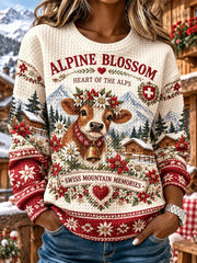 Sweat-shirt à manches longues en maille gaufrée avec imprimé vacances alpines pour femme