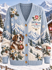 Cardigan tricoté à imprimé festif pour femme, style alpin
