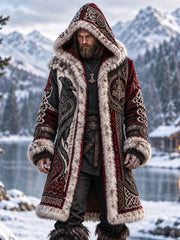 Manteau long à capuche avec motif viking pour homme