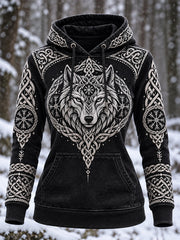 Sweat à capuche décontracté à motif de loup vintage de style viking pour femmes