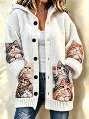 Manteau long pour femme avec impression artistique de chat mignon