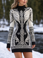 Femmes Classy Viking Wings noeud celtique Conrast Imprimer Mock Neck Pull Dress