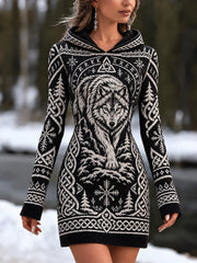 Mini-robe décontractée vintage à motif de loup de style viking pour femmes