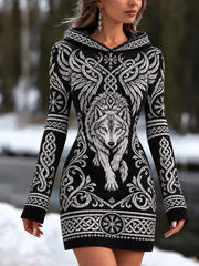 Mini-robe décontractée pour femme, style viking vintage, motif loup