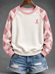 Sweat-shirt décontracté à manches raglan pour femme, motif à carreaux roses et ruban rose de sensibilisation