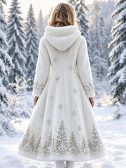Manteau long en flanelle avec impression artistique de sapins de Noël et de flocons de neige, style élégant pour femme