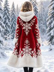 Chic Noël Flocons de neige Contraste Couleur Art Imprimer Flanelle Long Manteau des femmes