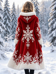 Manteau long en flanelle pour femme, imprimé artistique de flocons de neige de Noël, couleur contrastée et élégant