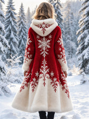 Manteau long en flanelle pour femme, imprimé artistique de flocons de neige de Noël, couleur contrastée et élégant