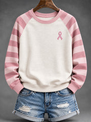Sweat-shirt décontracté à manches raglan pour femme, motif rayures roses et ruban rose de sensibilisation